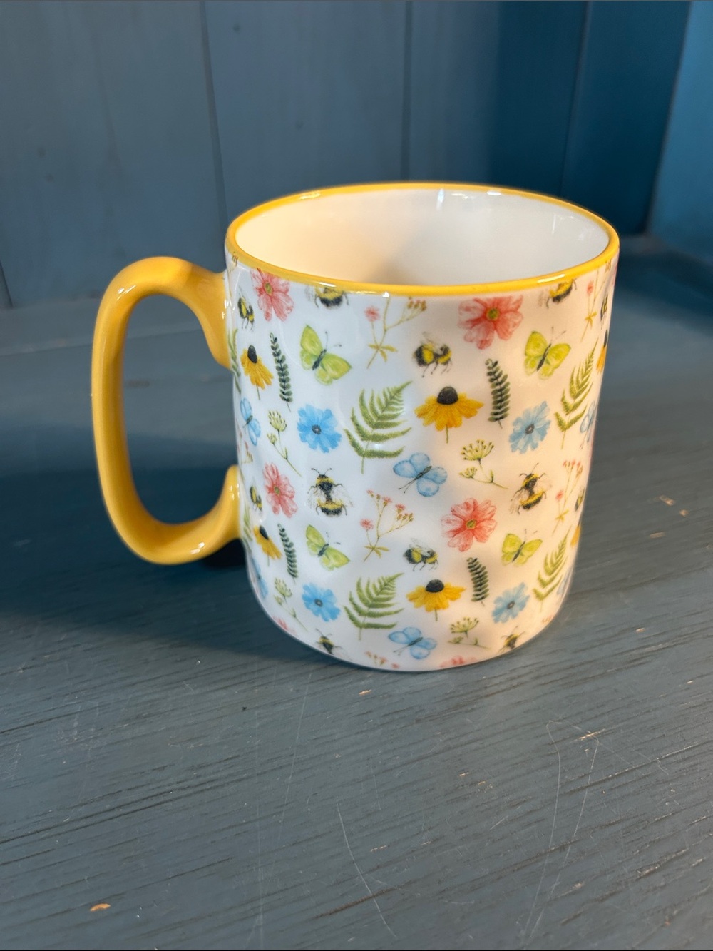10 Strawberry Street Yellow-Handled Ceramic Mug with Floral & Bee Pattern, 12oz.